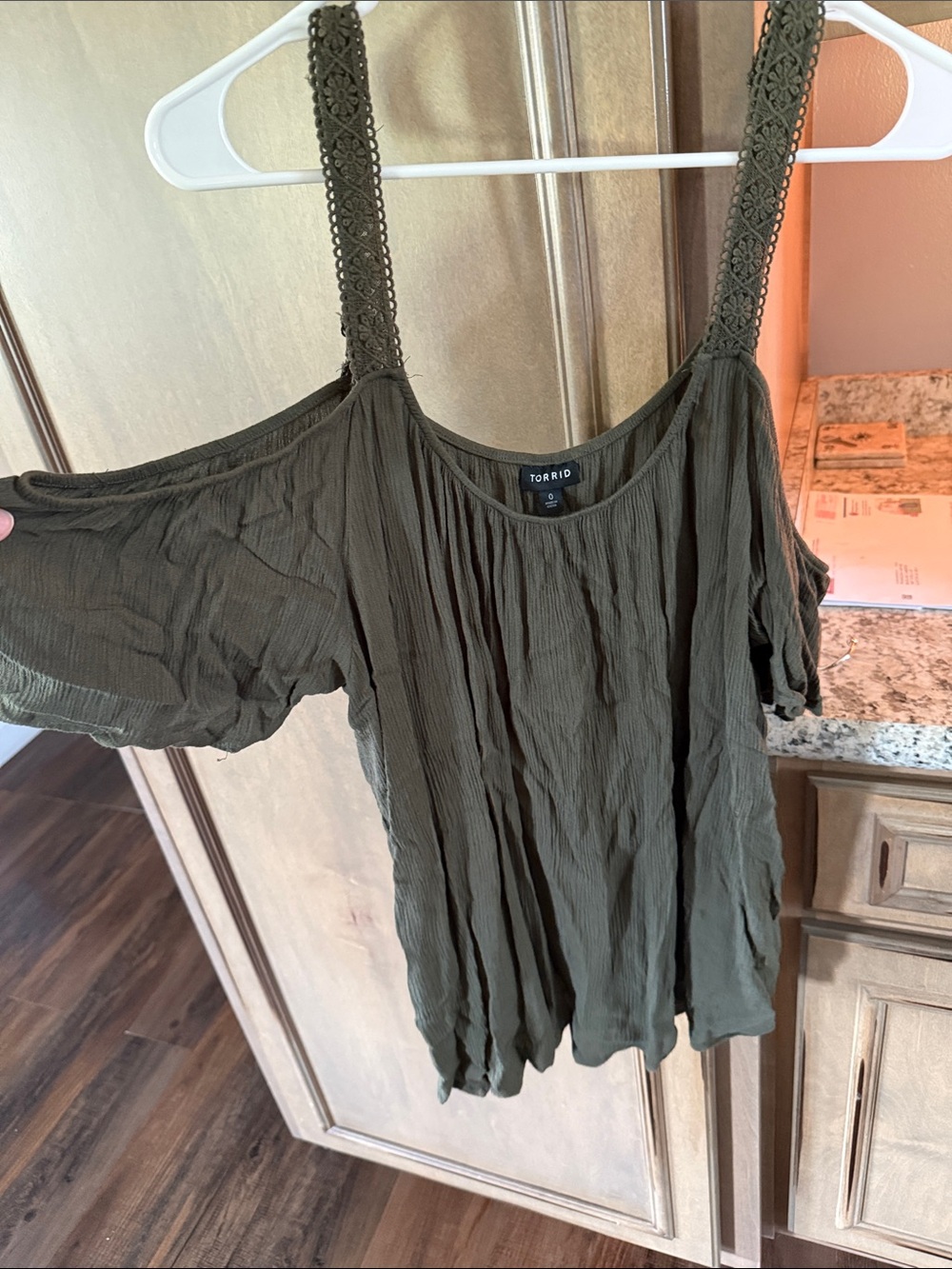 torrid olive cold-shoulder camisole with crochet straps